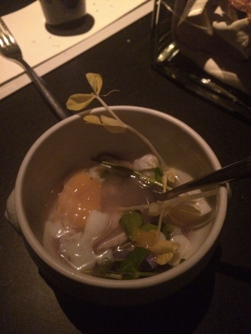 Egg Drop soup- made with a raw quail egg and served with a miniature spoon